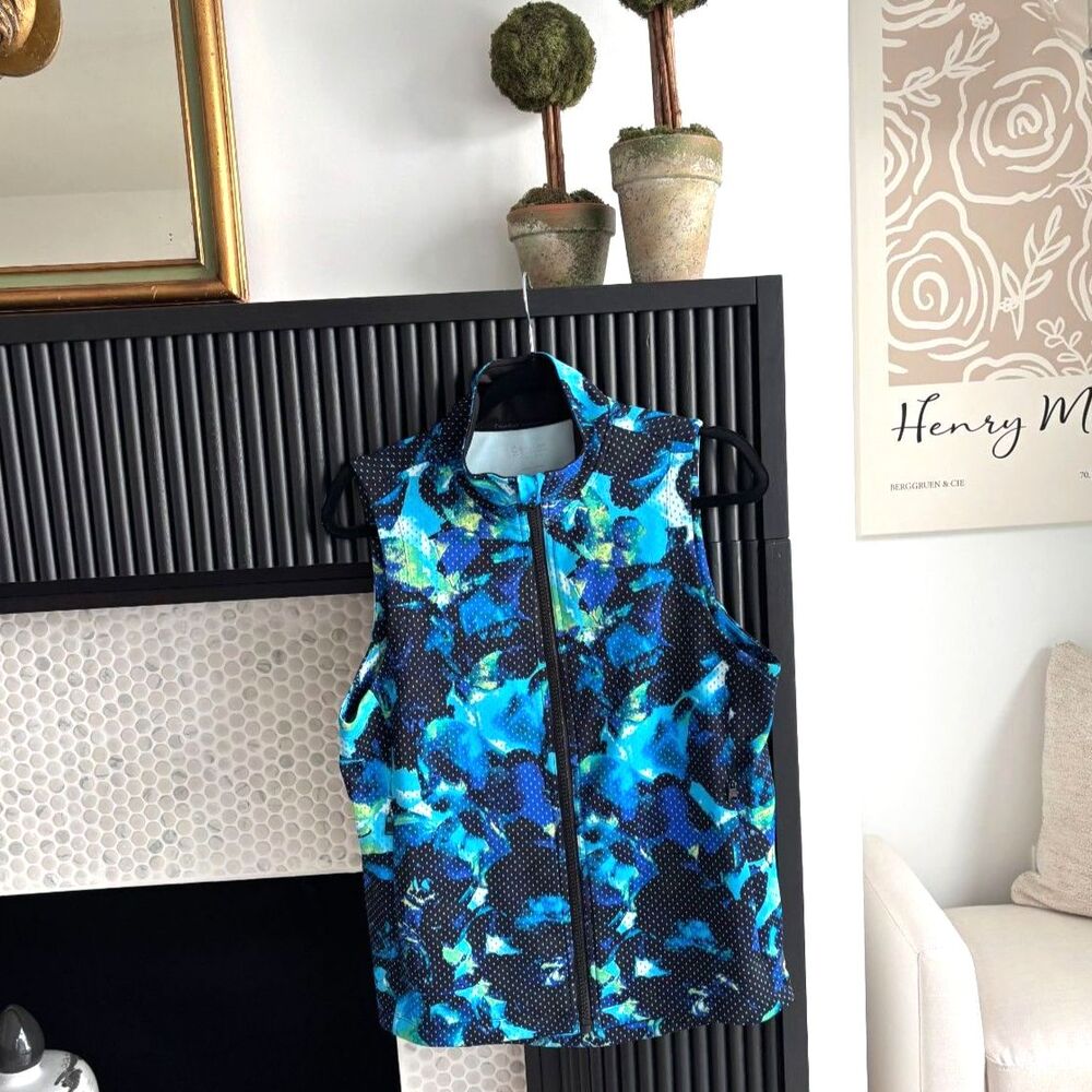 Calvin Klein Performance Blue Abstract Floral Polka Dot Full Zip Vest L